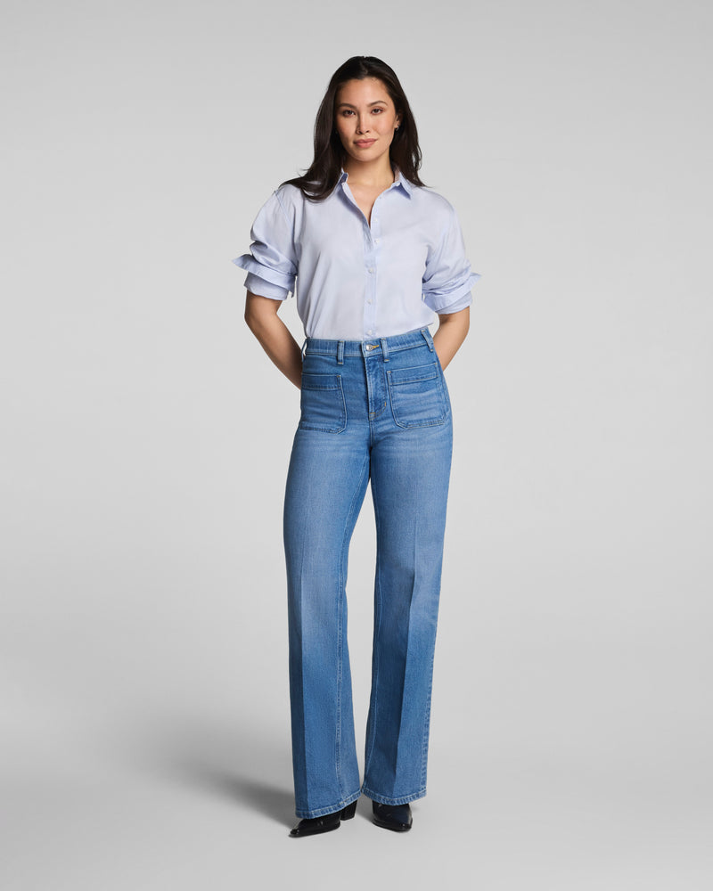 Mid-Rise Easy Flare Jeans with Patch Pockets