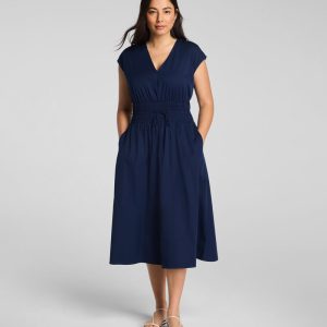Poplin V-Neck Smocked Midi Dress